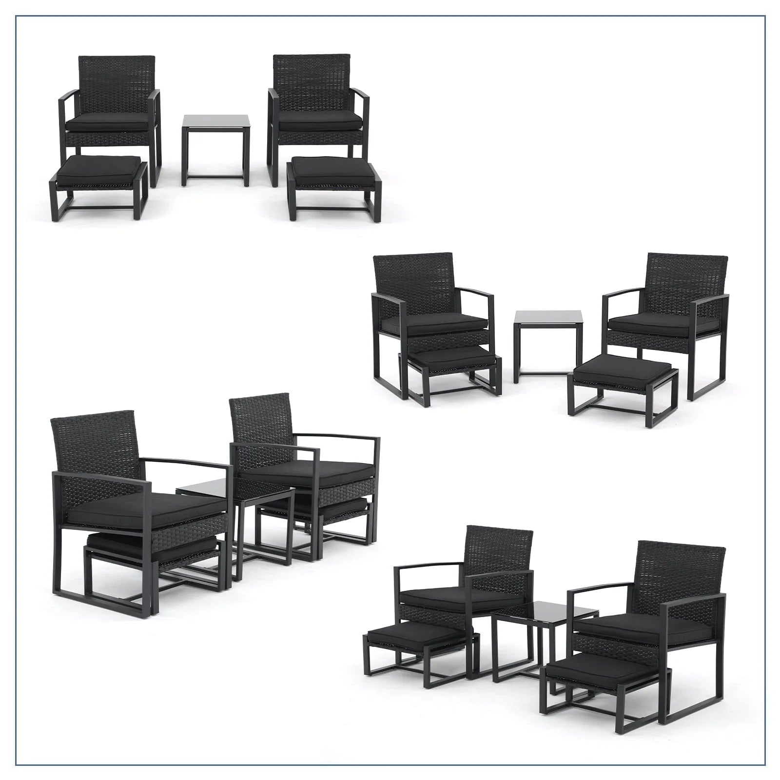 Orange-Casual 5-Piece Outdoor Furniture Set, Patio Steel Wicker Conversation Set, with Ottomans & Soft Washable Cushions, Black