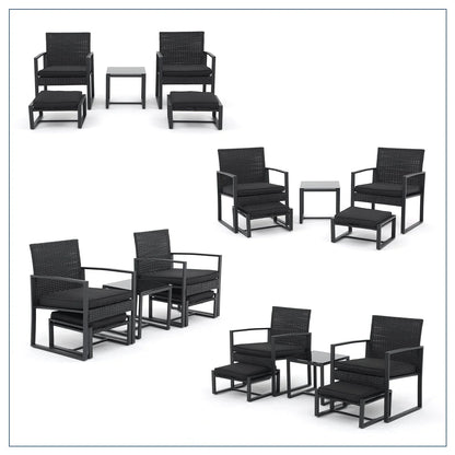 Orange-Casual 5-Piece Outdoor Furniture Set, Patio Steel Wicker Conversation Set, with Ottomans & Soft Washable Cushions, Black