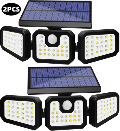 Solar Lights Outdoor, 2Pcs Solar Security Lights Motion Sensor Outdoor Flood Lights, Solar Porch Shop Light 270° Wide Angle Illumination,3 Heads Adjustable IP65 74 LEDs for Home Garden Patio Yard