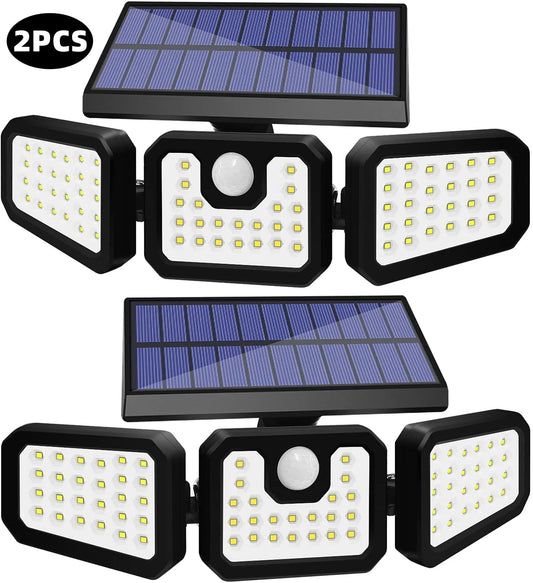 Solar Lights Outdoor, 2Pcs Solar Security Lights Motion Sensor Outdoor Flood Lights, Solar Porch Shop Light 270° Wide Angle Illumination,3 Heads Adjustable IP65 74 LEDs for Home Garden Patio Yard