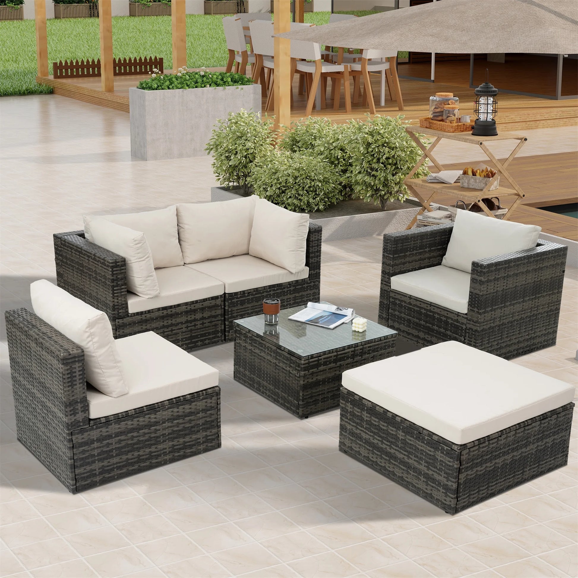 Highsound 6 Piece Patio Furniture Sets, All Weather PE Wicker Rattan Outdoor Sectional Sofa Conversation Couch with Glass Table, Cushions and Ottoman, for Lawn, Garden, Backyard, Beige