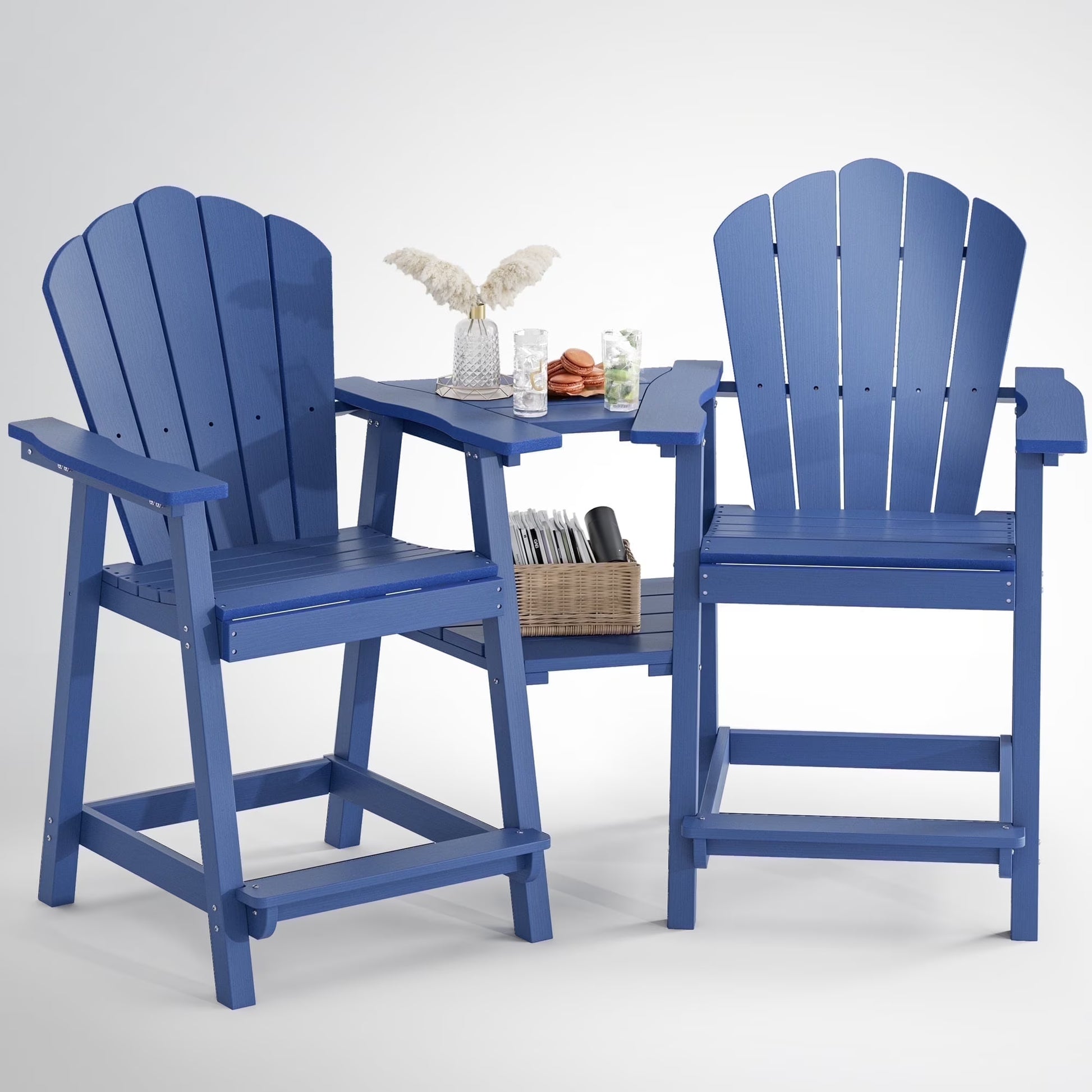 Buballino Bar Height Wooden Patio Set and Double Layer Connecting Tray - Set of 2, Navy Blue