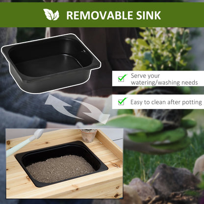 Outsunny Potting Bench Table, Garden Work Bench, Workstation with Metal Sieve Screen, Removable Sink, Additional Hooks and Baskets for Patio, Courtyards, Balcony, Natural