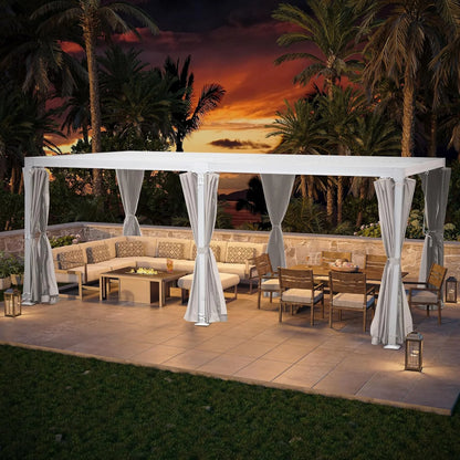 GAZEBETER 12' x 20' Louvered Pergola, Outdoor Aluminium Pergola with Adjustable Roof, Curtains and Netting, Hardtop Gazebo for Patio, Deck, Garden, Yard, Beach, White