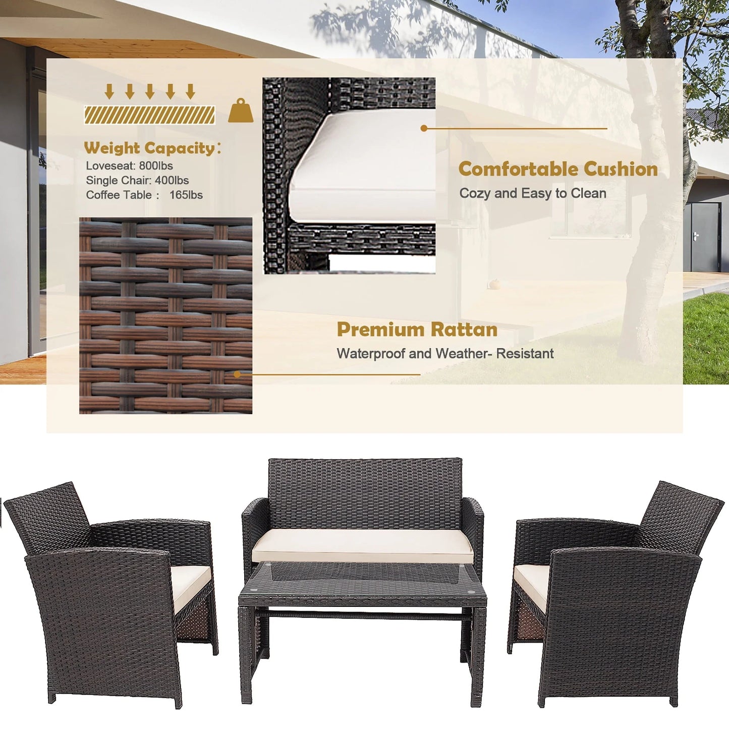 Costway 4PCS Patio Rattan Furniture Set Cushioned Chair Sofa Coffee Table White Modern Outdoor Furniture Set For Four