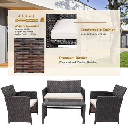 Costway 4PCS Patio Rattan Furniture Set Cushioned Chair Sofa Coffee Table White Modern Outdoor Furniture Set For Four