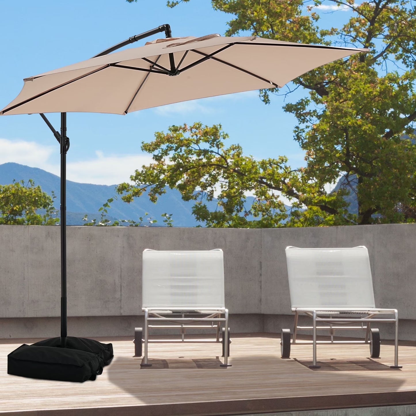 Ainfox 10ft Cantilever Patio Umbrella with Lights, Offset Market Umbrella with Sandbags Weighted Base and Cross Base,Khaki