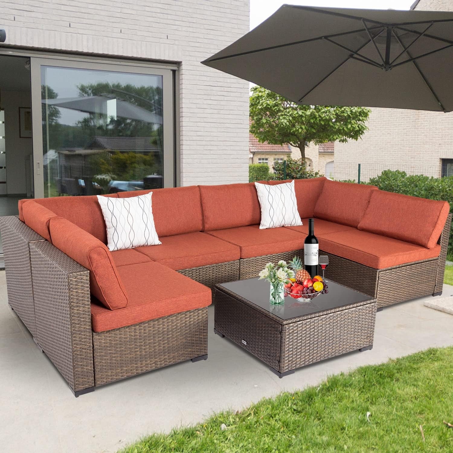 Kinbor 7pcs Outdoor Patio Furniture Set Wicker Sectional Sofa with Cushions, Maple Red