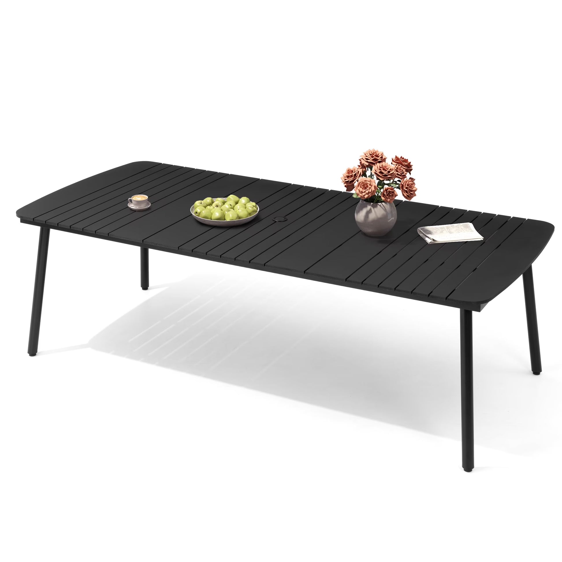 Pellebant 93" Outdoor Dining Table for 8–10 People, Patio Rectangle Table with Wood-Like Tabletop and Umbrella Hole, Aluminum Frame for Garden, Lawn, or Backyard, Brown