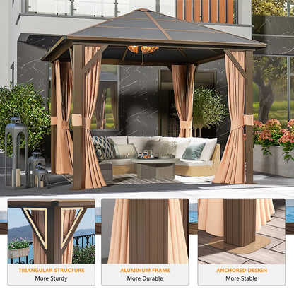 Sunmthink 10x10 Outdoor Hardtop Gazebo, Polycarbonate Single Roof Patio Canopy with Curtains and Netting, Brown