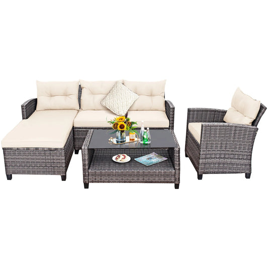 Gymax 4PCS Rattan Patio Conversation Furniture Set Outdoor Sectional Sofa Set White