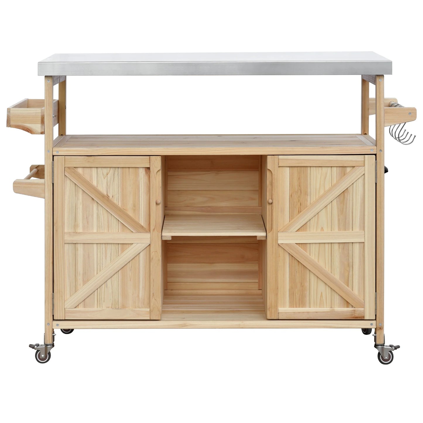 Bellemave Outdoor Serving Cart Kitchen Island Solid Wood Mobile Rolling Bar Cart with Lockable Wheels, Rack and Stainless Steel Top Beverage Storage Counter Table with Cabinet for Patio, Natural