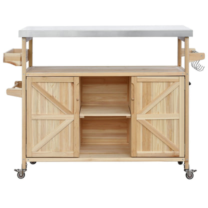 Bellemave Outdoor Serving Cart Kitchen Island Solid Wood Mobile Rolling Bar Cart with Lockable Wheels, Rack and Stainless Steel Top Beverage Storage Counter Table with Cabinet for Patio, Natural
