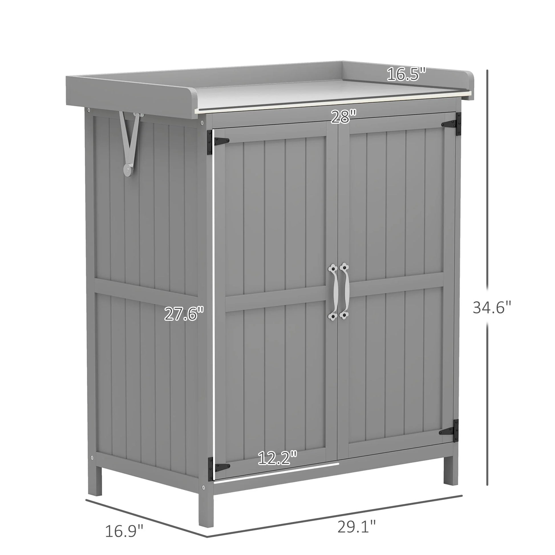 Outsunny Outdoor Garden Shed, Wooden Backyard Shed with Metal Tabletop, Shelf and 2 Doors for Patio, Lawn, Gray