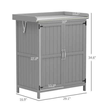 Outsunny Outdoor Garden Shed, Wooden Backyard Shed with Metal Tabletop, Shelf and 2 Doors for Patio, Lawn, Gray