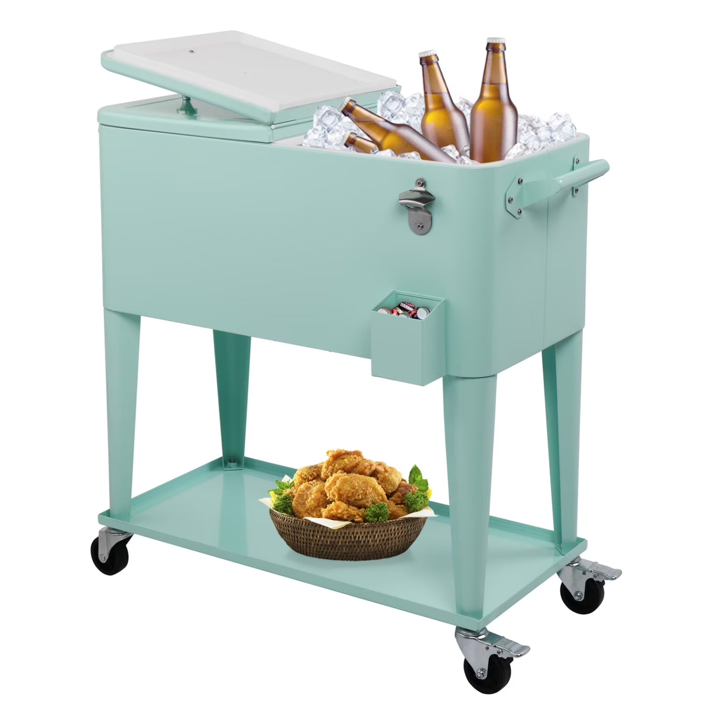 80 QT Rectangular Rolling Cooler Cart with Wheels, Portable Ice Chest with Bottle Opener and Storage Shelf, Outdoor Beverage Cart Ice Chest Cart for Patio Party, Picnic, BBQ, Camping, Red &White