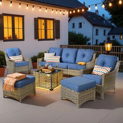 Ovios 6 Pieces Outdoor Furniture Set High Back All-Weather Wicker Patio Conversation Set with Ottomans & Solar Light Coffee Table, Diamond Blue