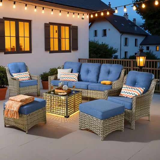 Ovios 6 Pieces Outdoor Furniture Set High Back All-Weather Wicker Patio Conversation Set with Ottomans & Solar Light Coffee Table, Diamond Blue