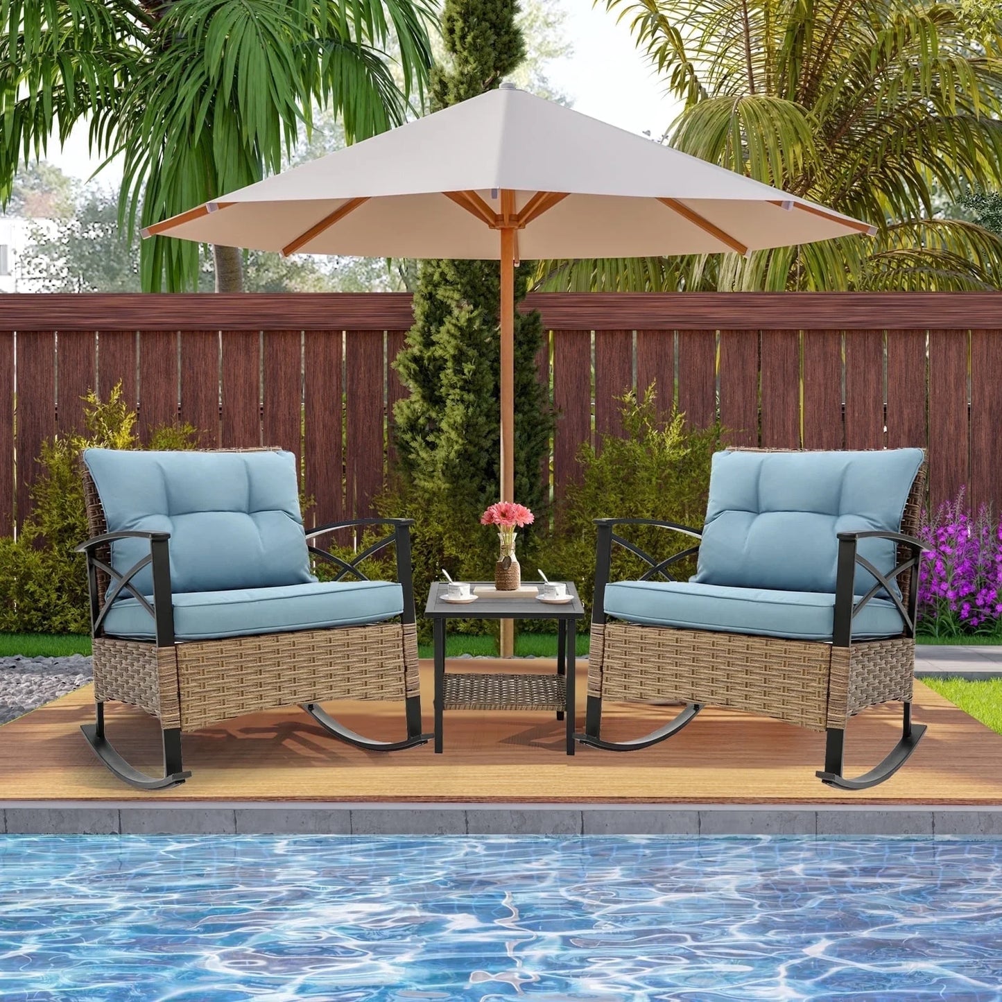 3 Pieces Patio Outdoor Conversation Set, Patio Furniture Bistro Set with 2-Tier Coffee Table, PE Wicker Rocking Chairs with Blue Cushions for for Backyard Porch Poolside