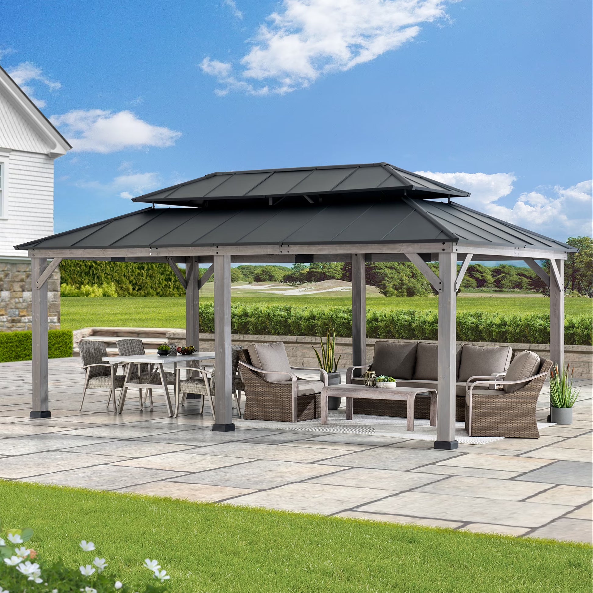 SUNJOY 10 x 12 ft. Wood Gazebo, Outdoor Patio Steel Hardtop Gazebo, Cedar Framed Wooden Gazebo with 2-Tier Metal Roof, Suitable for Patios, Lawn and Backyard, Matte Black Roof + Gray Wood Frame