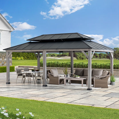 SUNJOY 10 x 12 ft. Wood Gazebo, Outdoor Patio Steel Hardtop Gazebo, Cedar Framed Wooden Gazebo with 2-Tier Metal Roof, Suitable for Patios, Lawn and Backyard, Matte Black Roof + Gray Wood Frame