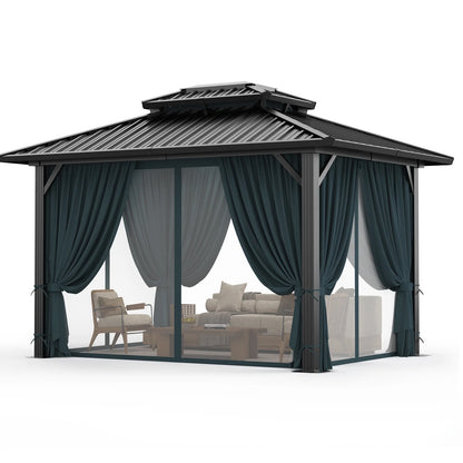 HOTEEL 10'x12' Hardtop Gazebo, Outdoor Steel Double Galvanized Roof Canopy, Aluminum Frame Permanent Pavilion Metal Gazebo with Curtains and Nettings, Sunshade for Patios, Gardens, Lawns, Black