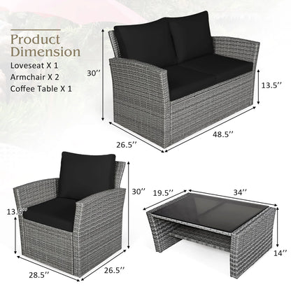 Costway 4PCS Patio Rattan Furniture Set Sofa Table Storage Shelf Black Cushion