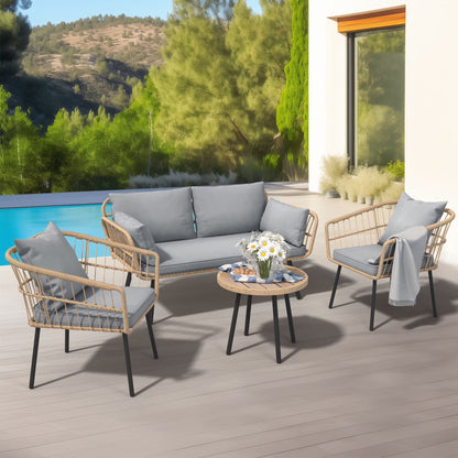 Dextrus 4-Piece Patio Furniture Wicker Outdoor Bistro Set, All-Weather Rattan Conversation Loveseat Chairs for Backyard, Balcony and Deck with Soft Cushions and Coffee Table - Gray
