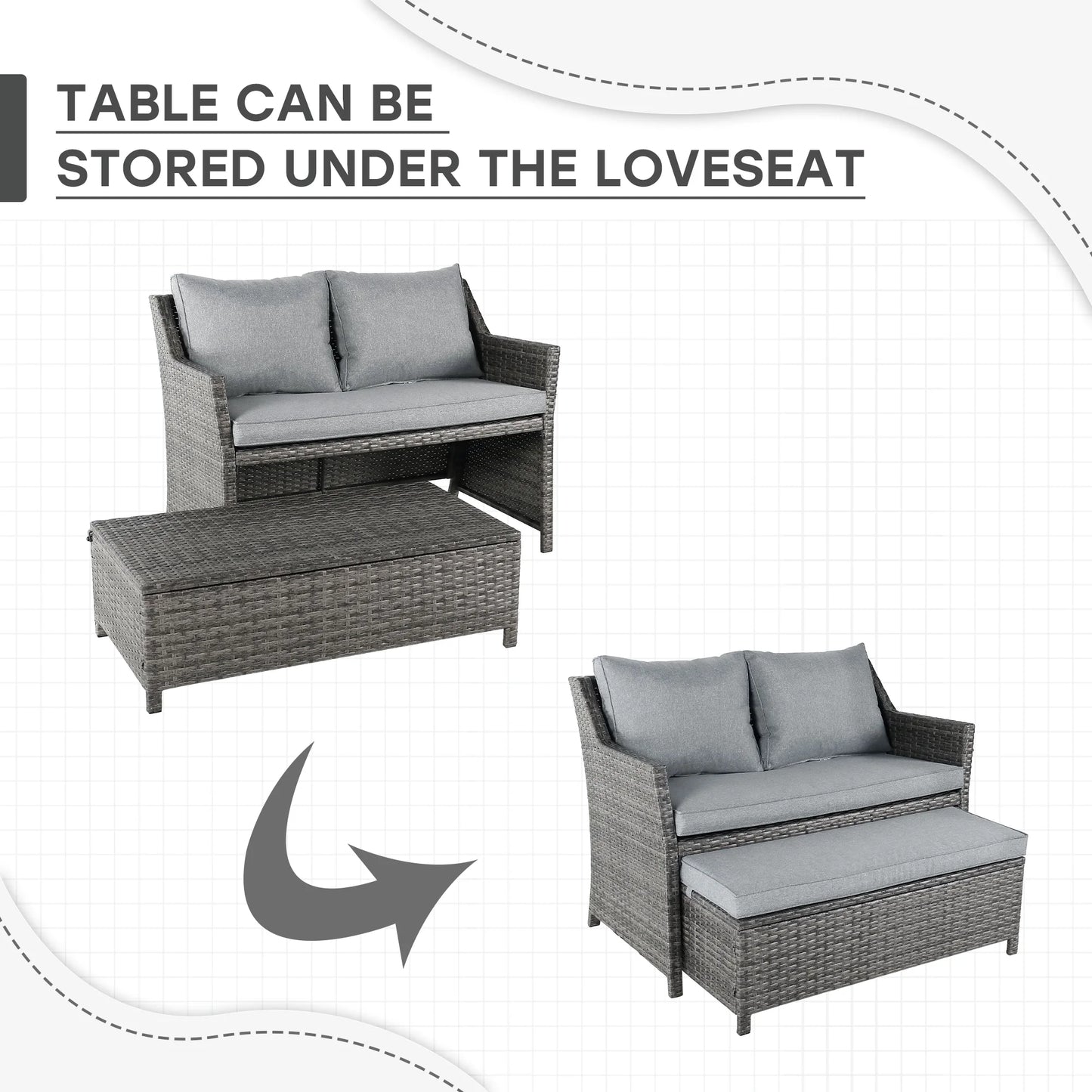 Outdoor Wicker Love Seat and Coffee Table Set, Weather Resistant Grey Rattan, Patio Furniture with Gray Cushions & Storage Bin
