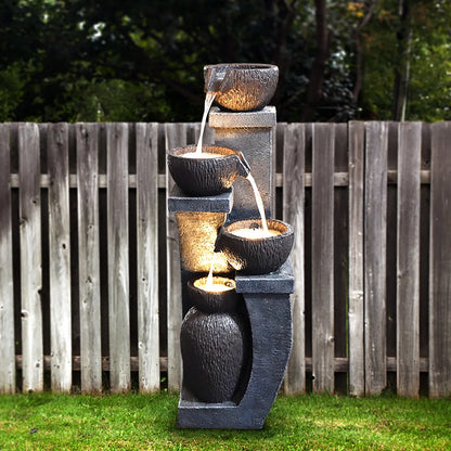 37.4 in. H Outdoor Water Fountain with 4 Crocks, Modern LED Lighted Garden Floor Fountain for Patios and Yards - Durable Resin Water Feature with Cascading Waterfall Design for Indoor/Outdoor Dcor