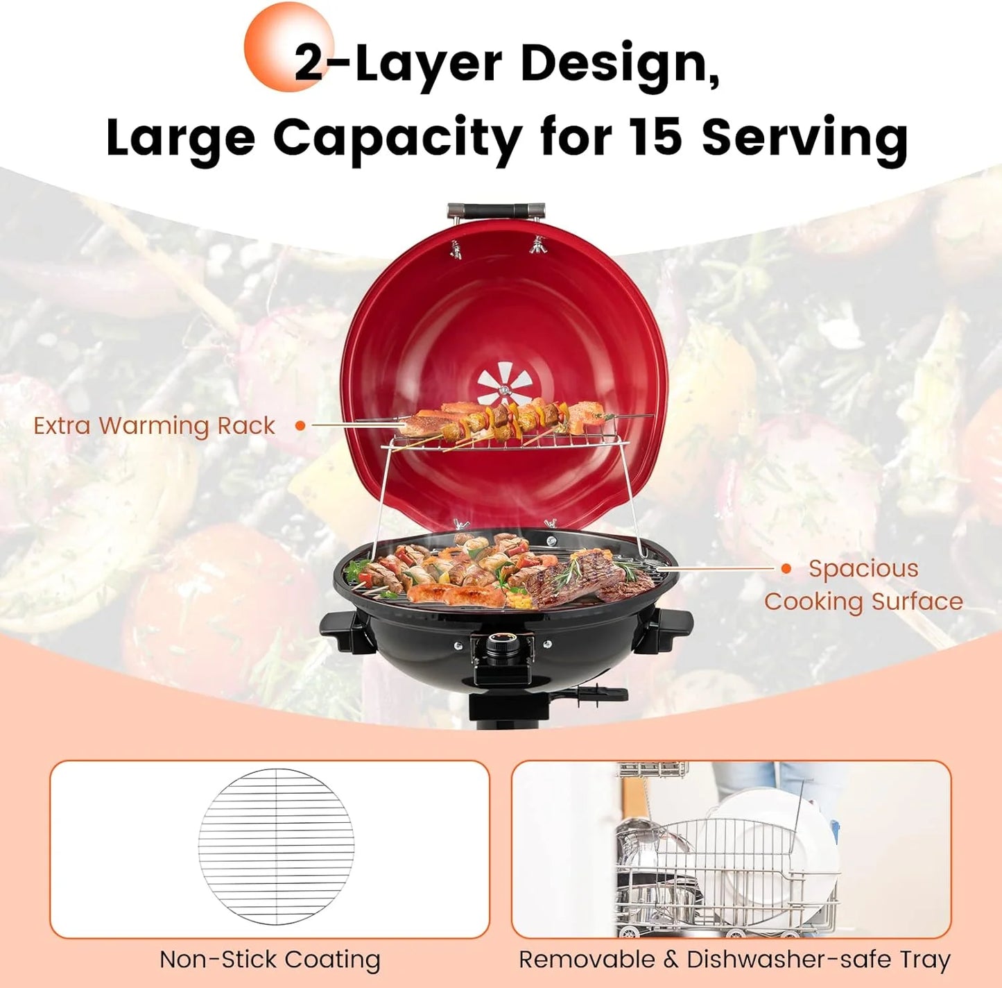 HAPPYGRILL 1600W Electric Grill Outdoor, Portable BBQ Grill with Warming Tray, Removable Non-Stick Grill Rack, Adjustable Temperature& Oil Drip Tray for Patio, Camping, Picnic,Red