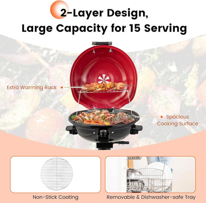 HAPPYGRILL 1600W Electric Grill Outdoor, Portable BBQ Grill with Warming Tray, Removable Non-Stick Grill Rack, Adjustable Temperature& Oil Drip Tray for Patio, Camping, Picnic,Red