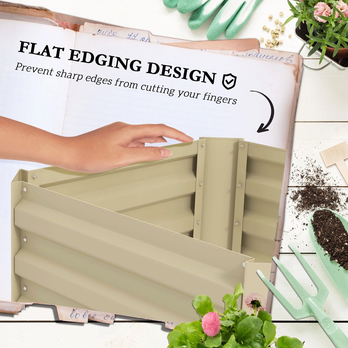 Outsunny Galvanized Raised Garden Bed,24" X 24" X 11.75" Outdoor Planter Box with Trellis Tomato Cage and Open Bottom for Climbing Vines,Vegetables,Flowers In Backyard,Garden,Patio,Cream,White Steel