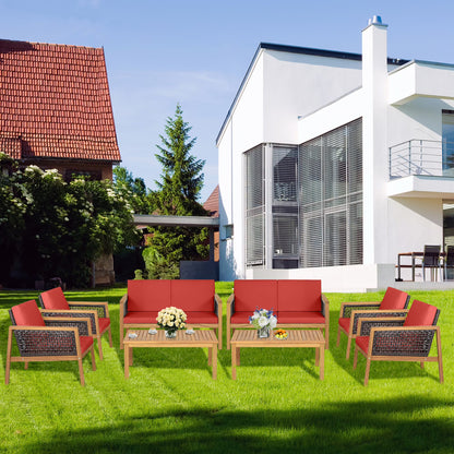 Costway 8PCS Patio Rattan Furniture Set Acacia Wood Cushioned Sofa Off White