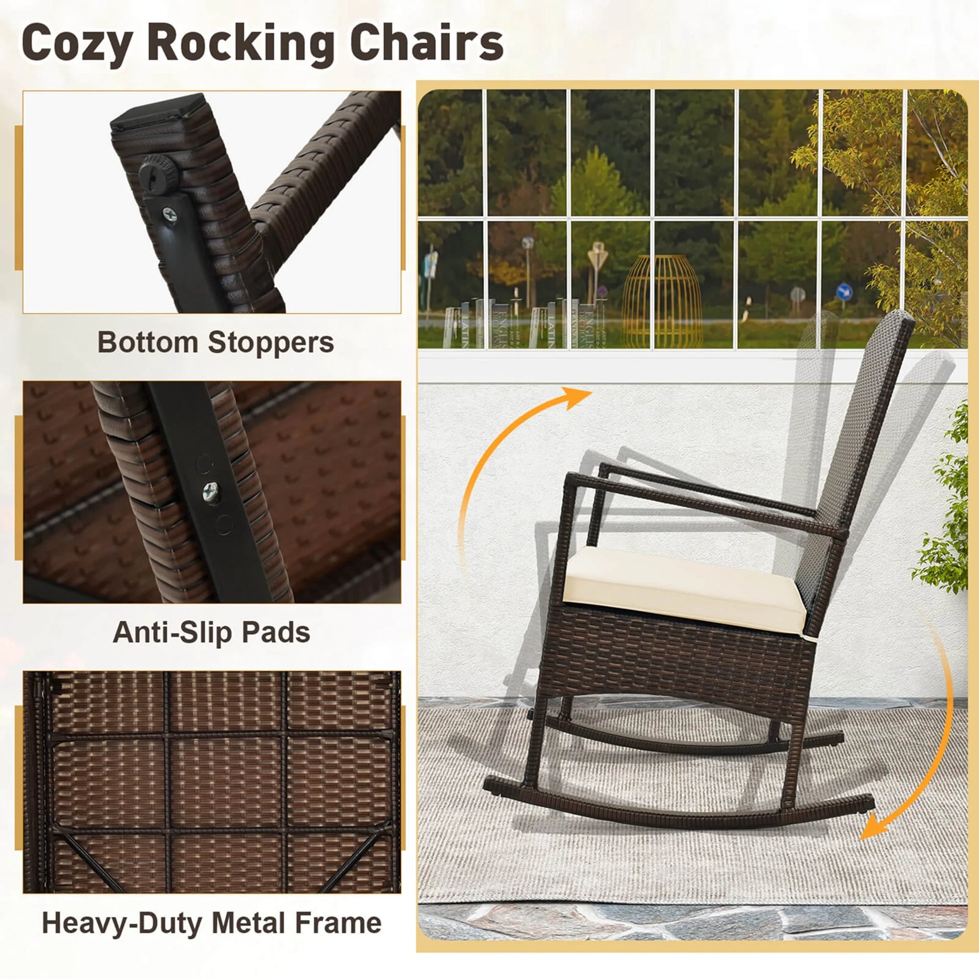 Costway Serenity 3 Piece Patio Rocking Wicker Rockers with White Cushions 2 Tier Coffee Table