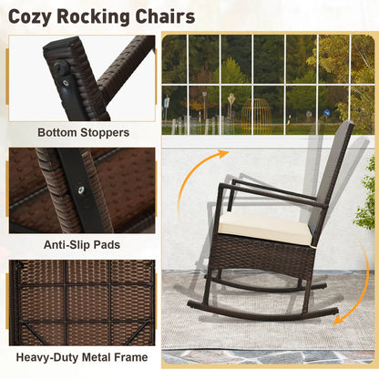 Costway Serenity 3 Piece Patio Rocking Wicker Rockers with White Cushions 2 Tier Coffee Table