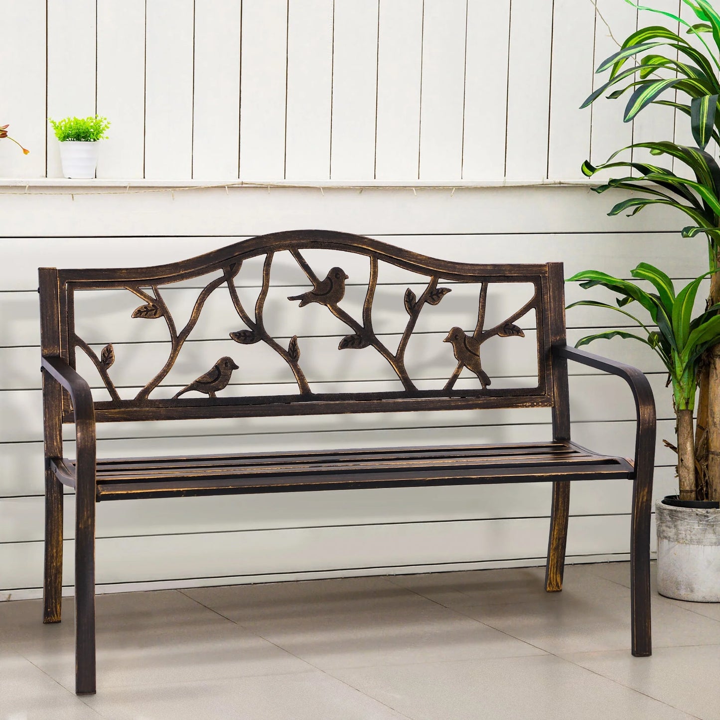 Alpha Joy 50" Outdoor Bench Metal Patio Garden Bench Slatted Seat for Lawn, Park, Porch, Backyard, Deck- Bronze