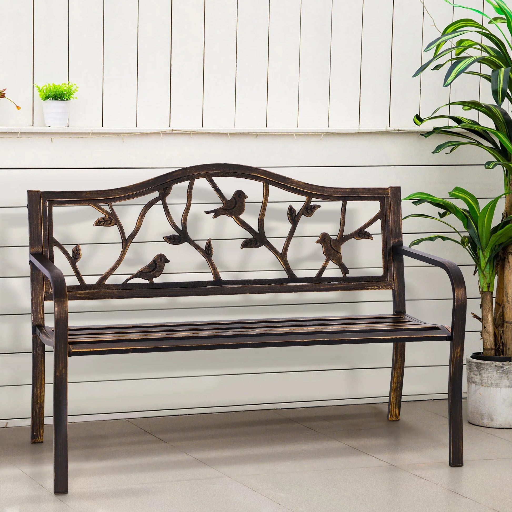 Alpha Joy 50" Outdoor Bench Metal Patio Garden Bench Slatted Seat for Lawn, Park, Porch, Backyard, Deck- Bronze