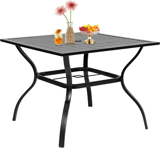 SUNCROWN 37" 4 Seat Outdoor Dining Table Patio Metal Square Bistro Balcony Table with 1.57" Umbrella Hole, Black
