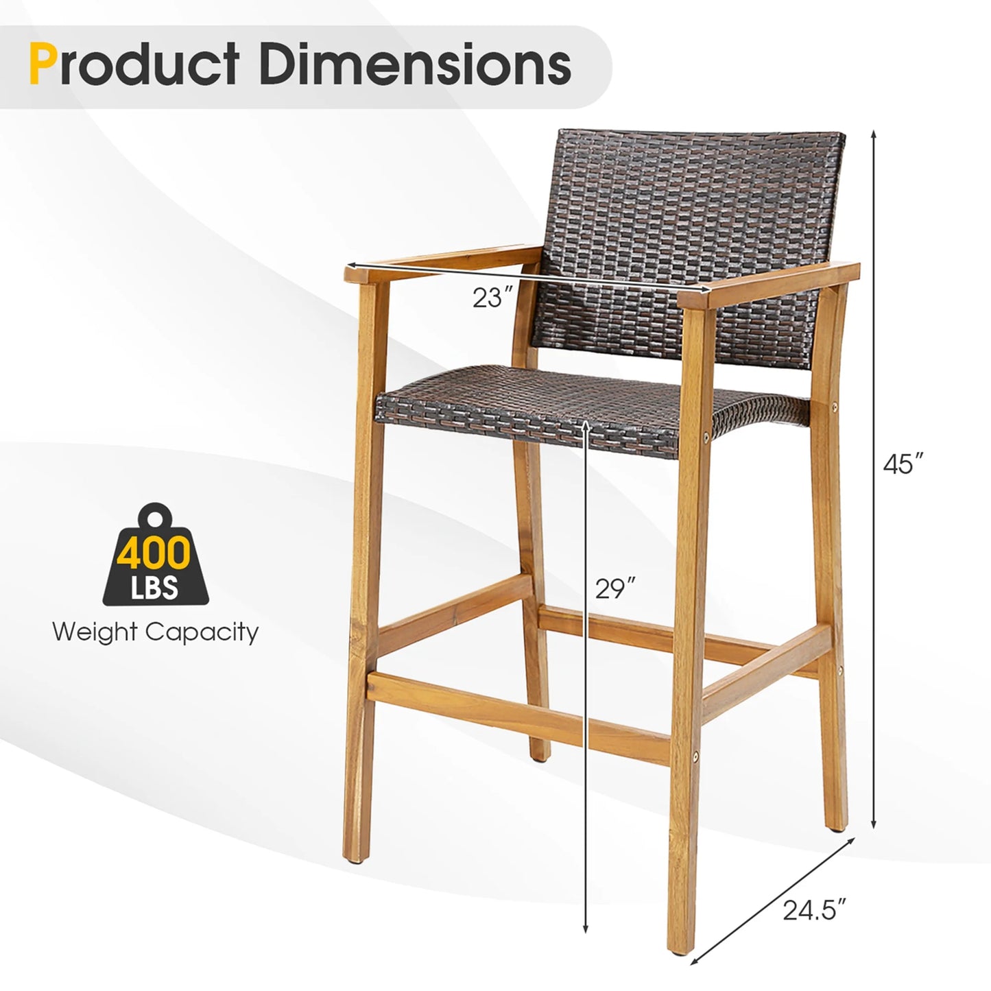 Costway 4PCS Patio PE Wicker Bar Chairs Height Barstools with Acacia Wood Armrests Balcony