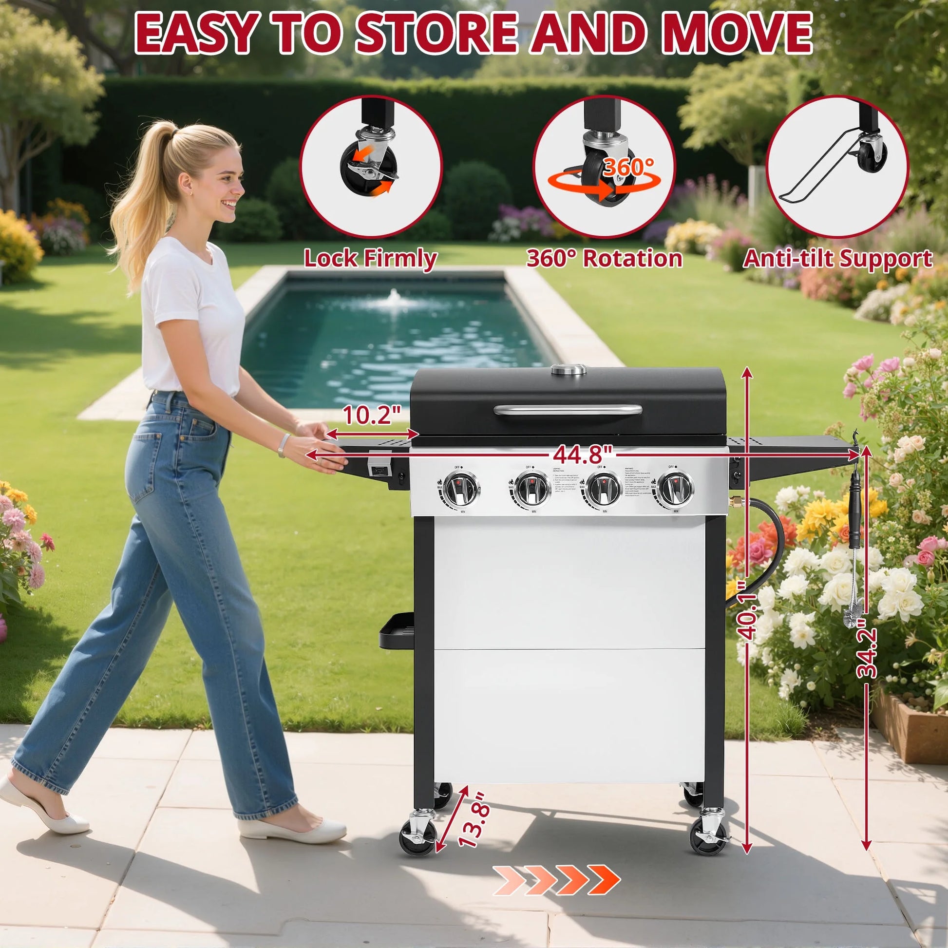 4000BTU Propane Gas Grill, Seizeen Stainless Steel 4-Burner BBQ Grill , Outdoor Patio Camping Portable Grill w/Foldable Side Table, Hanging Basket, Steel Brush, Universal Wheels