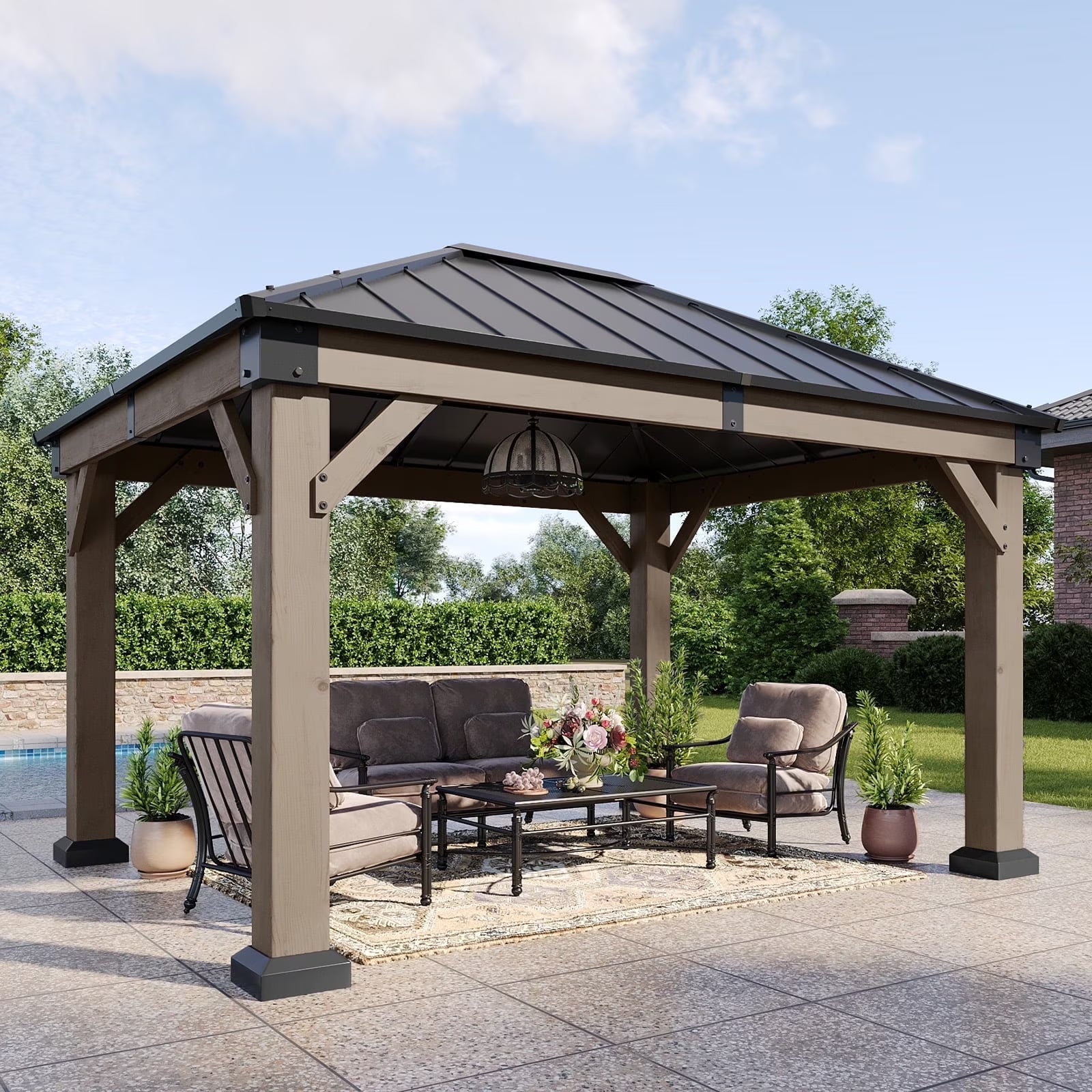 Aoxun 12' x 16' Outdoor Wood Gazebo, Hardtop Gazebo Permanent Wooden Pavilion with Galvanized Steel Double Roof, for Patio, Garden, Backyard, Cedar Wood