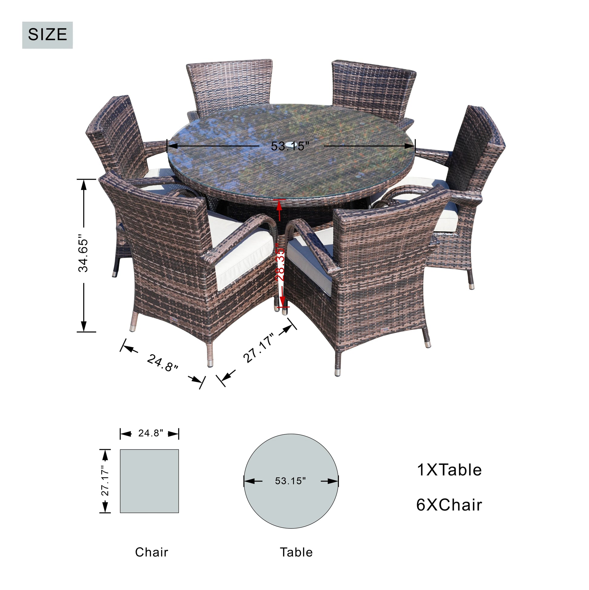 Direct Wicker 7 Piece Patio Dining Set with Rattan Chairs and Cushions, Grey