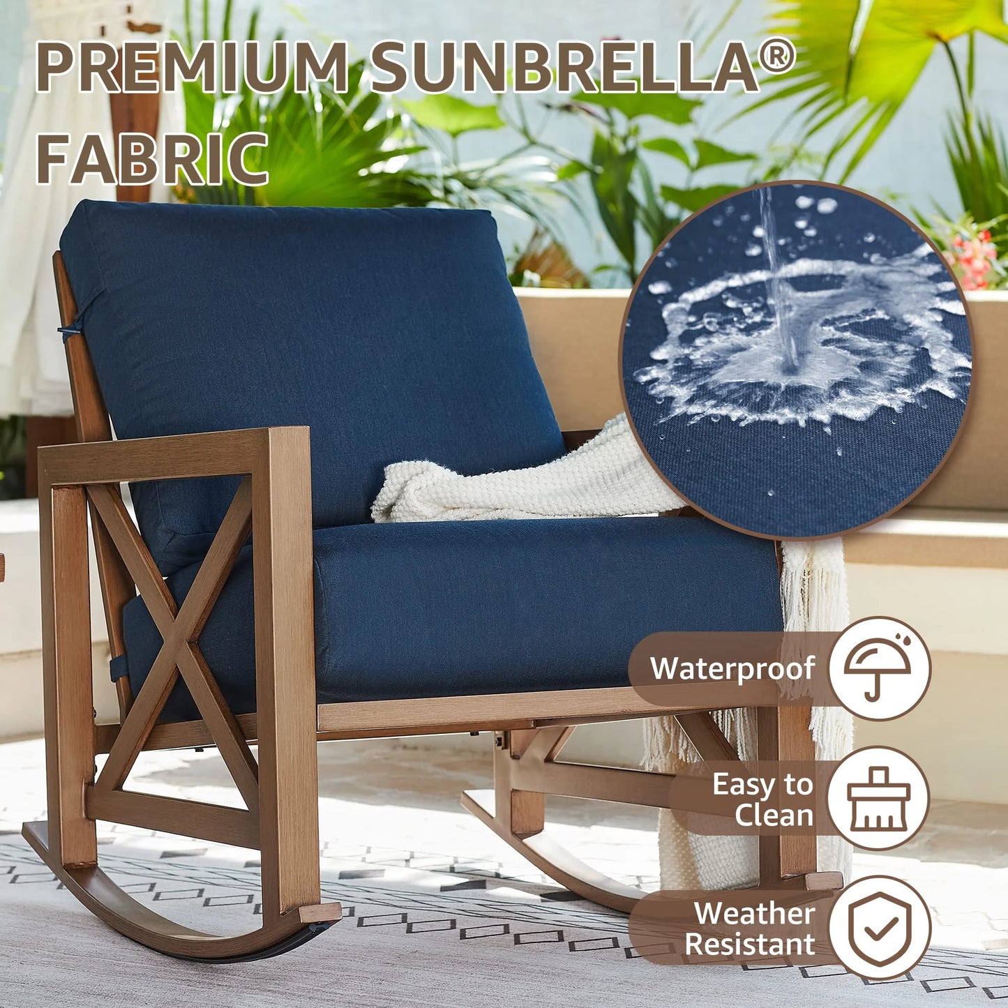 NATURAL EXPRESSIONS Sunbrella Rocking Bistro Set, 3 Piece Outdoor Patio Conversation Furniture Set with 6.5'' Thick Cushions Wood Grain Finish Frame for Backyard,Porch,Poolside