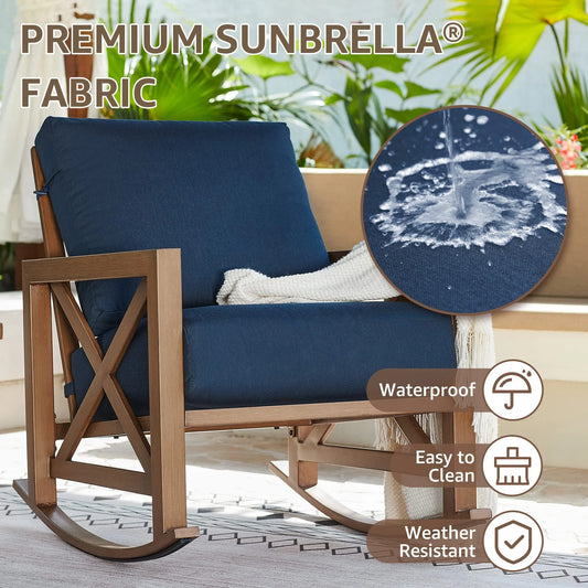 NATURAL EXPRESSIONS Sunbrella Rocking Bistro Set, 3 Piece Outdoor Patio Conversation Furniture Set with 6.5'' Thick Cushions Wood Grain Finish Frame for Backyard,Porch,Poolside