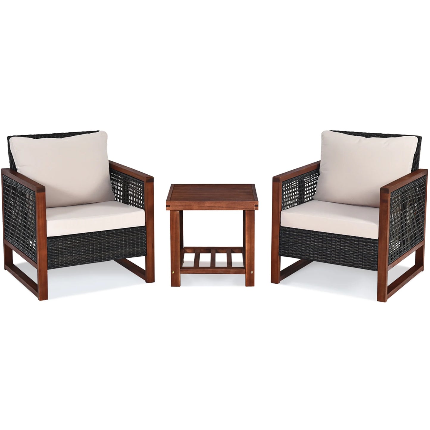 BLACK JAGUAR 3-Piece Patio Rattan Wicker Bistro Set Acacia Wood Frame Sofa and Side Table
