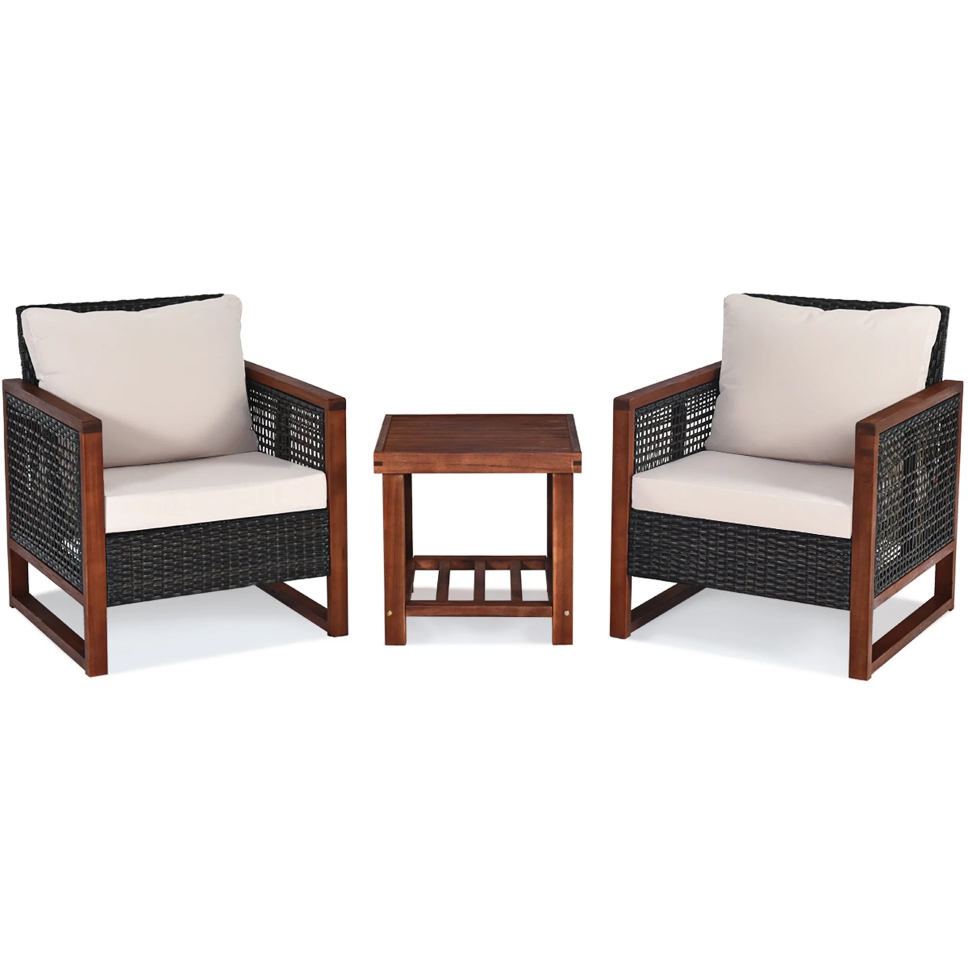 BLACK JAGUAR 3-Piece Patio Rattan Wicker Bistro Set Acacia Wood Frame Sofa and Side Table