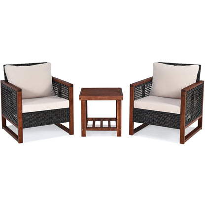 BLACK JAGUAR 3-Piece Patio Rattan Wicker Bistro Set Acacia Wood Frame Sofa and Side Table