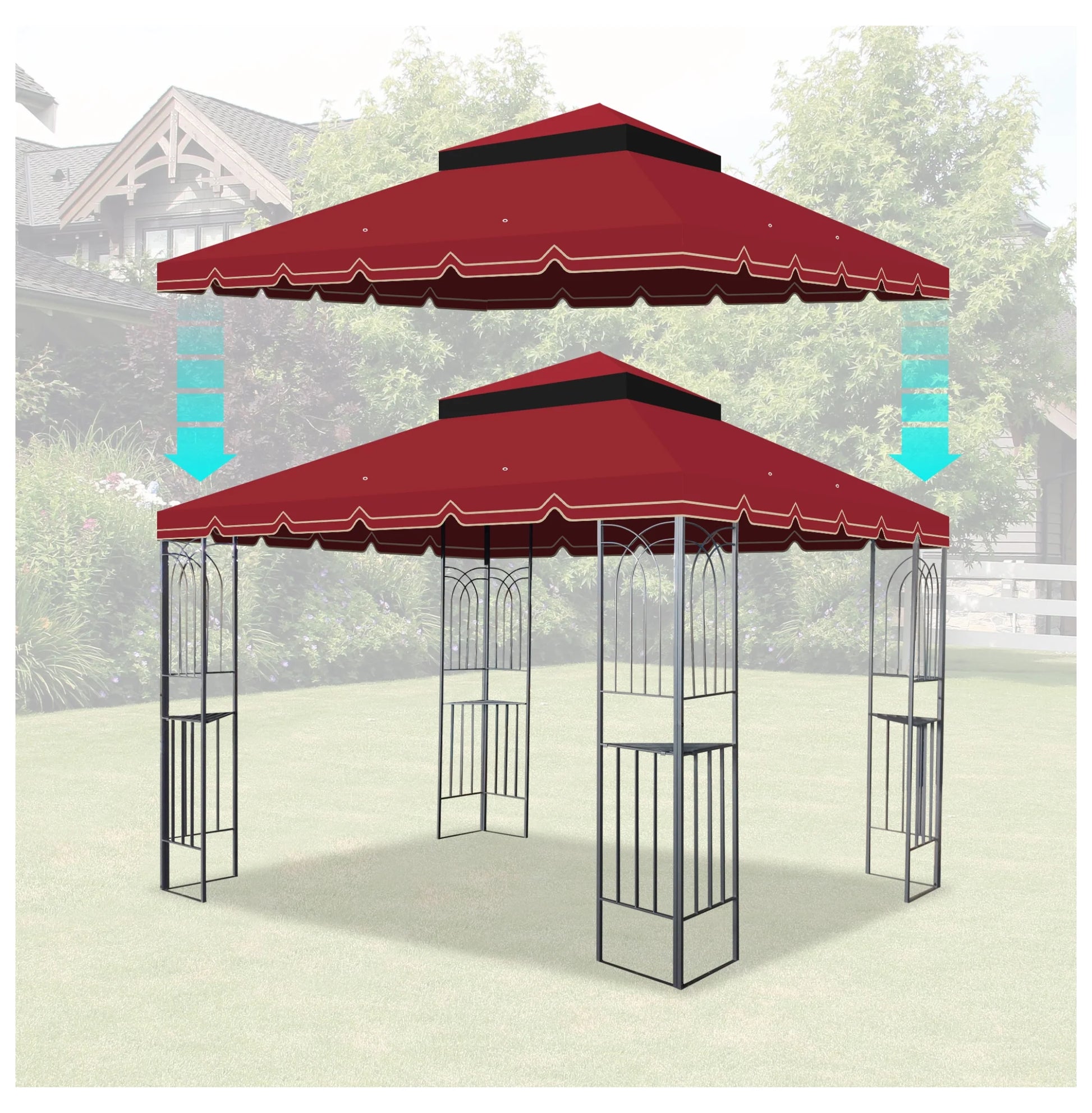 10x10 Ft Outdoor Patio Gazebo Replacement Canopy,Double Tiered Gazebo Tent Roof Top Cover Only GreatWall border(Frame Not Include)-Red