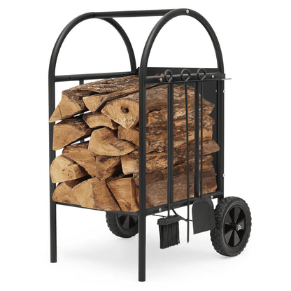 Magshion Firewood Rack Log Cart with Wheels & Tools Set, Fireplace Log Holder with Poker, Shovel & Broom for Indoor Outdoor Patio, Black